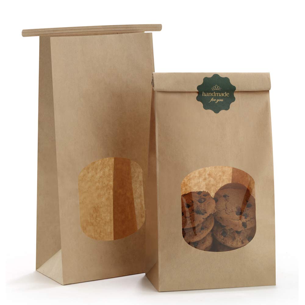 BagDream Cookie Bags 50 Pcs 4.5x2.36x9.6 Inch Brown Kraft Paper Bags with Window, Tin Tie Tab Lock, Recyclable Treat Bags for Coffee Bean, Bread, Muffin, Popcorn, Party, Wedding