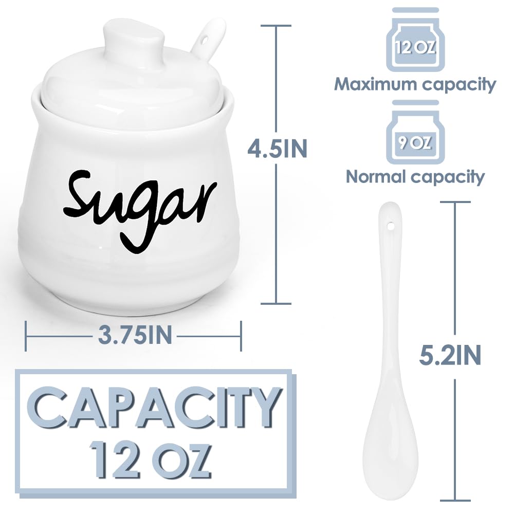 Swetwiny Porcelain Sugar Bowl with Lid and Spoon, 12 Ounces Ceramic Sugar Storage Jar Sugar Dispenser, White Seasoning Container for Home and Kitchen (Sugar)