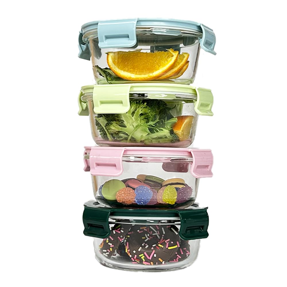 B.GUBOBOYA 4 Pack Round Glass Food Storage Containers With Lids, 1.5 Cup Round Soup Containers BPA-Free, Small Glass Food Containers for yogurt, work, Leftover and Microwave, Dishwasher, Freezer Safe