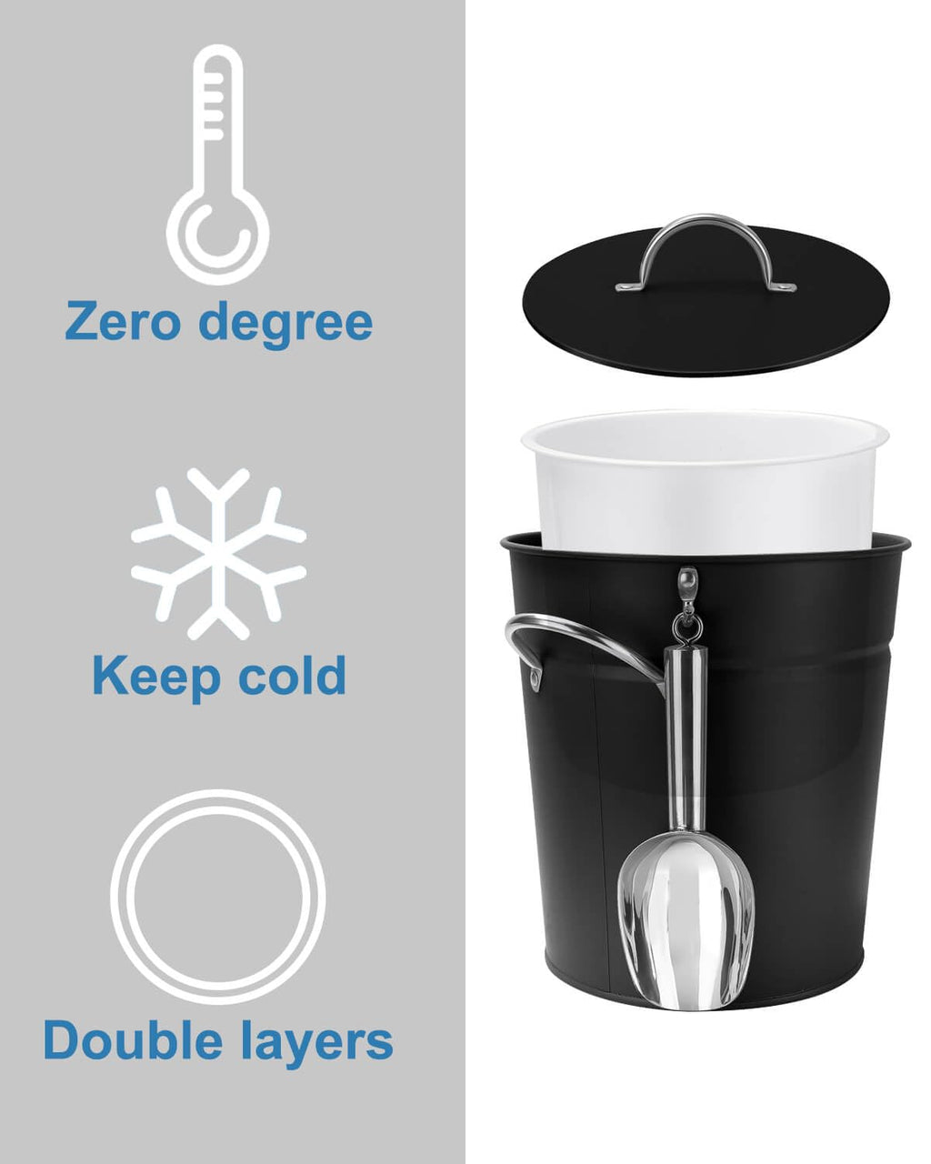 3Qt Black Galvanized Ice Bucket with Lid, Scoop & Handles - Ideal for Cocktails, Parties, BBQs, Wine & Champagne. Double-Layer Insulated Outer & Galvanized Inner Layer, Perfect for Home & Outdoor Use