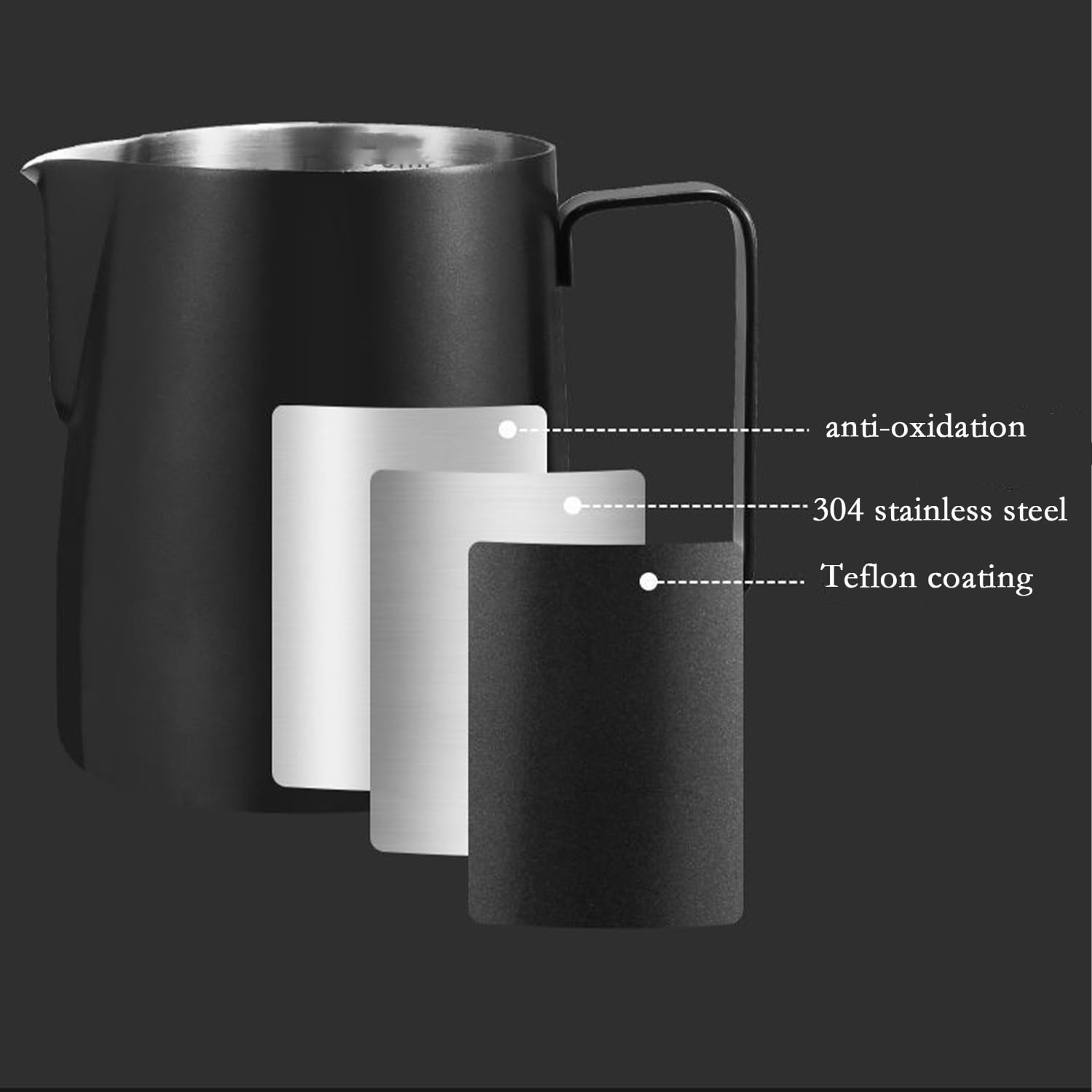 Milk Frothing Pitcher 20oz/600ml, Stainless Steel Espresso Steaming Pitcher Milk Jug, Perfect for Cream, Coffee, Water, Juices, Smoothies Black