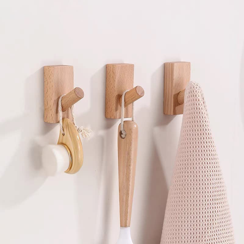 HomeDo 4Pack Wood Wall Hooks, Adhesive Hooks Hat Hook, Wooden Coat Hooks Wall Mounted, Entryway Hat Rack, Decorative Hooks Single Organizer Hat Hanger Towel Rack Hook (Rectangle-Beech-4Pack)