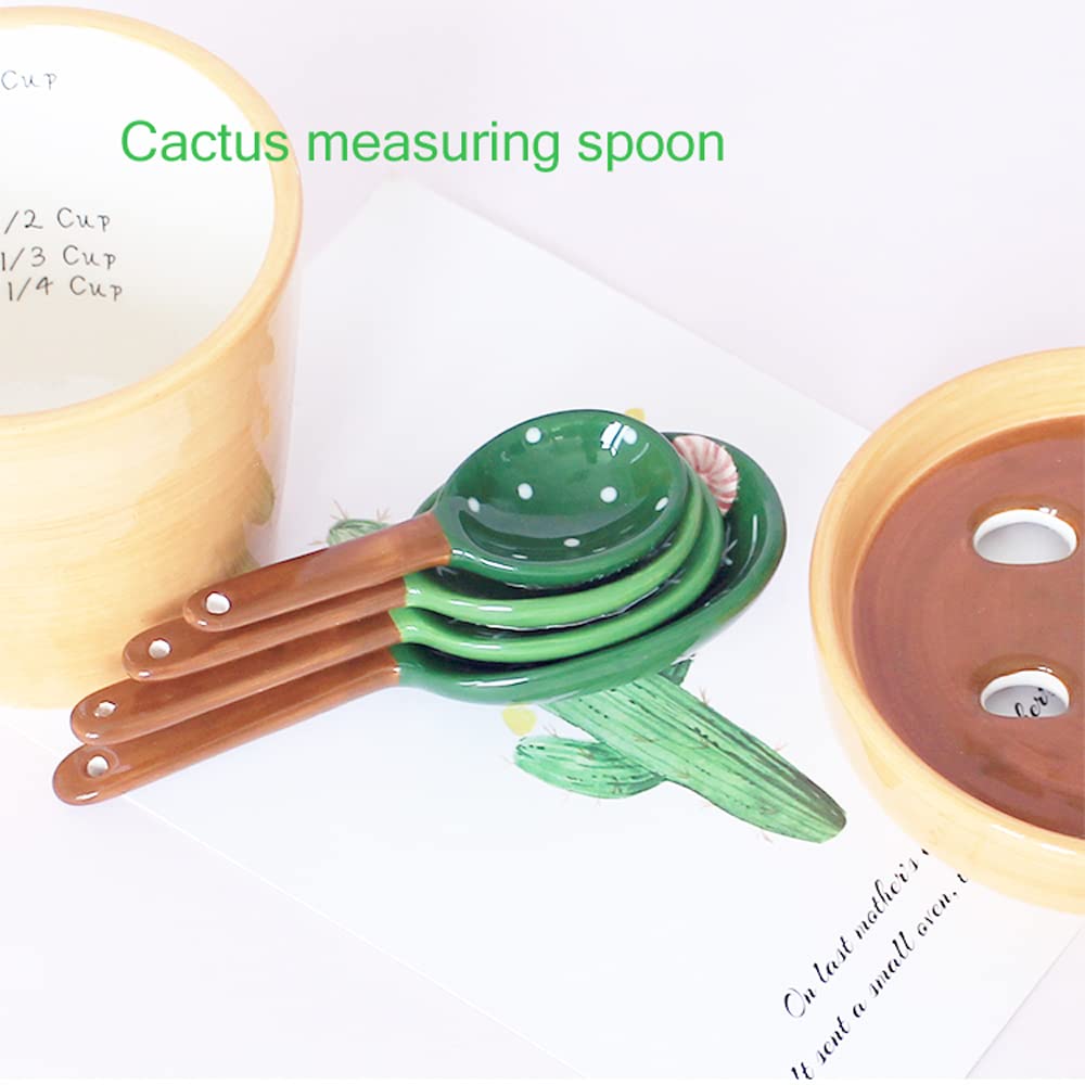 BigNoseDeer Ceramic Cactus Measuring Cups and Spoons Set Organizer, Cute 4 Size Measuring Spoons Set for Kitchen Housewarming Gifts New Home Gifts for Women