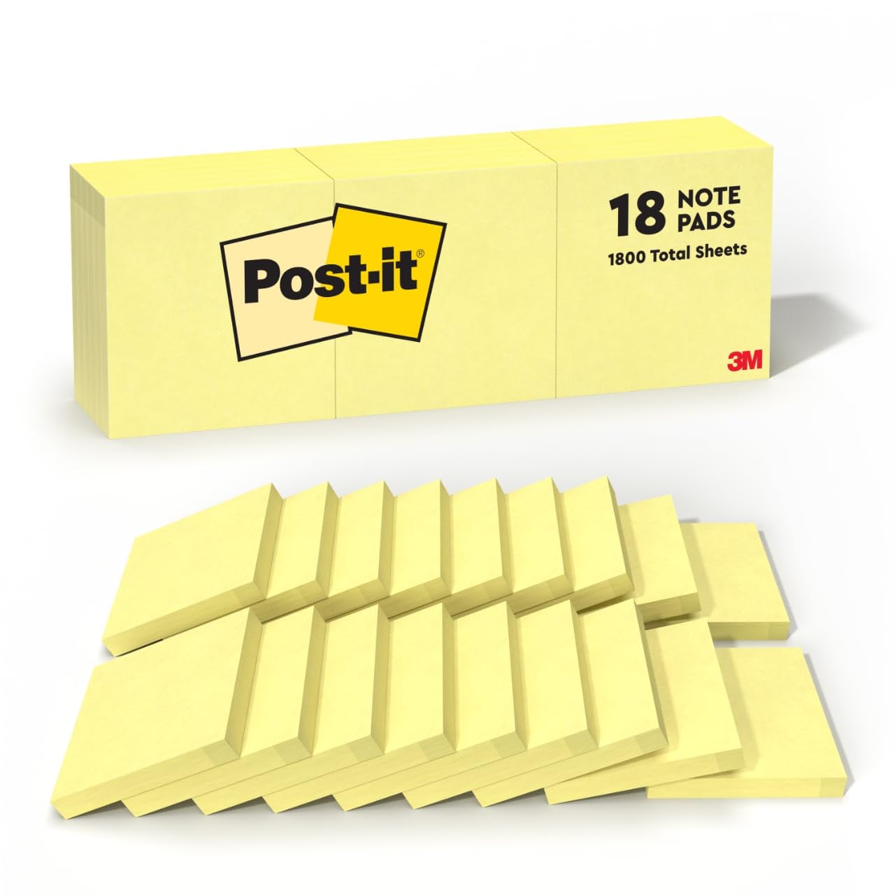Post-it Notes, 3x3 in, 18 Pads, Canary Yellow, Clean Removal, Recyclable