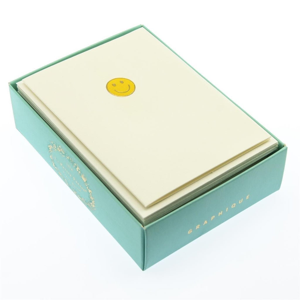 Graphique Smiley Face La Petite Presse Boxed Notecards - 10 Embossed and Embellished Gold Foil Yellow Smiley Face Emoji Blank Cards with Matching Envelopes, 3.25"" x 4.75""" (L1333CB)