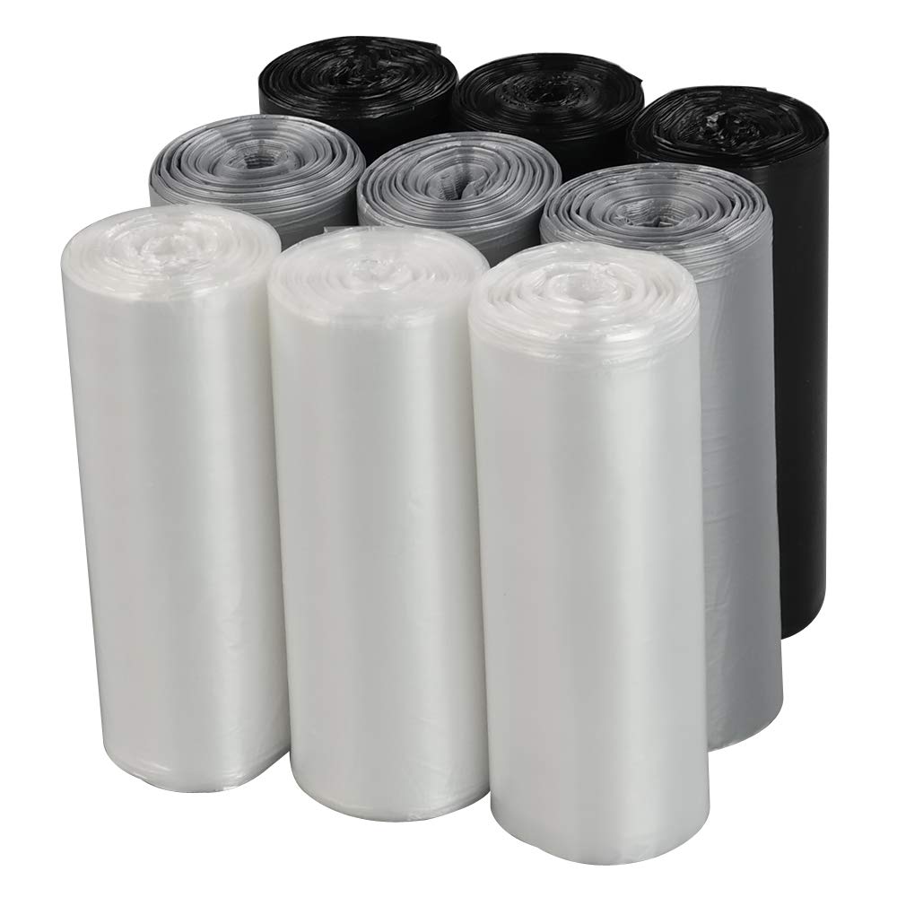 Wekioger 1.2 Gallon Small Garbage Bags, 9 Rolls / 225 Counts (Clear, Gray, Black)