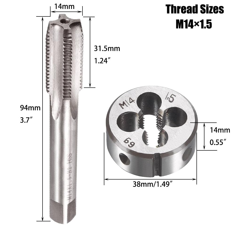 Saipor M14 X 1.5 Metric Tap and Die Set M14 X 1.5mm HSS Straight Fluted Machine Thread Right Hand Screw Tap and Round Threading Die