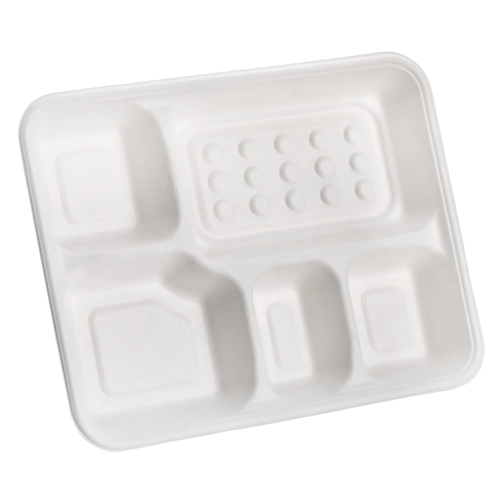 Hacaroa 50 Pack 5-Compartment Compostable Paper Plates, Natural Disposable Bagasse School Lunch Trays, Deep Divided Plates for Party, Picnic, Biodegradable, White