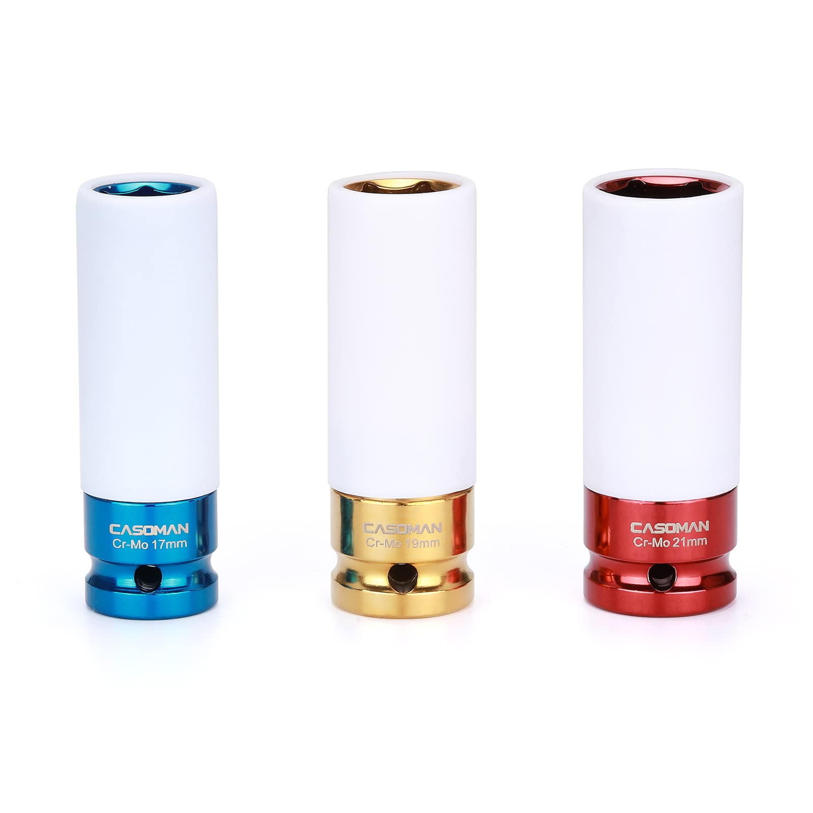 CASOMAN 1/2- Inch Drive Wheel Protector Impact Socket, 1/2" Thin Wall Deep Impact Socket Set Plastic Sleeve Lug Nut, 3 Pieces Set, 6 Point, Metric,CR-MO,17mm,19mm,21mm