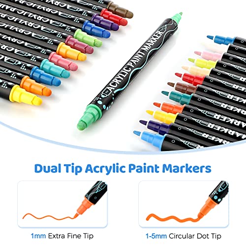 Acrylic Paint Markers,Acrylic Paint Pens,26 Colors Dual Tip Paint Pens For Rock Painting Wood Canvas Plastic Easter Eggs,Easter Basket Essentials Acrylic Dot Markers Pen For DIY Crafts Making ﻿