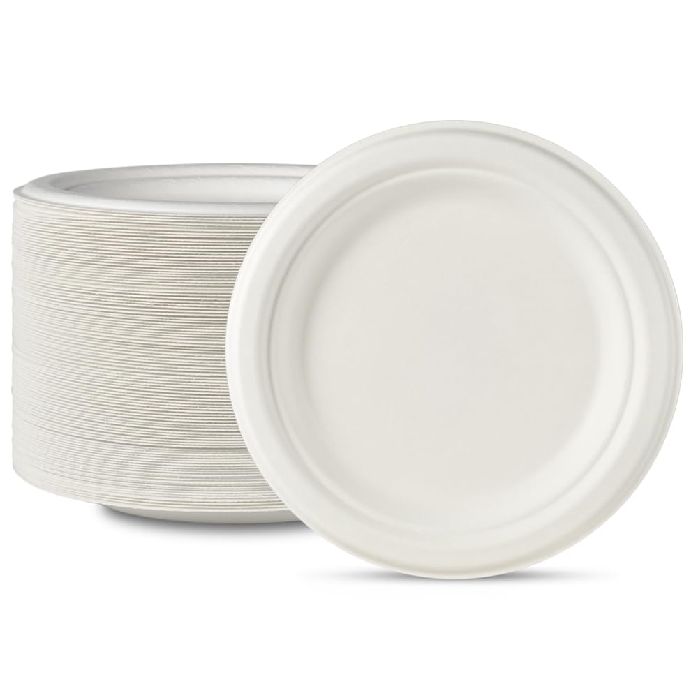 Compostable Disposable Paper Plates, 100pcs 9 Inch White Party Plates Heavy Duty Microwaveable Food Safe BPA Free, for Foodware Events Activities Crafts Projects