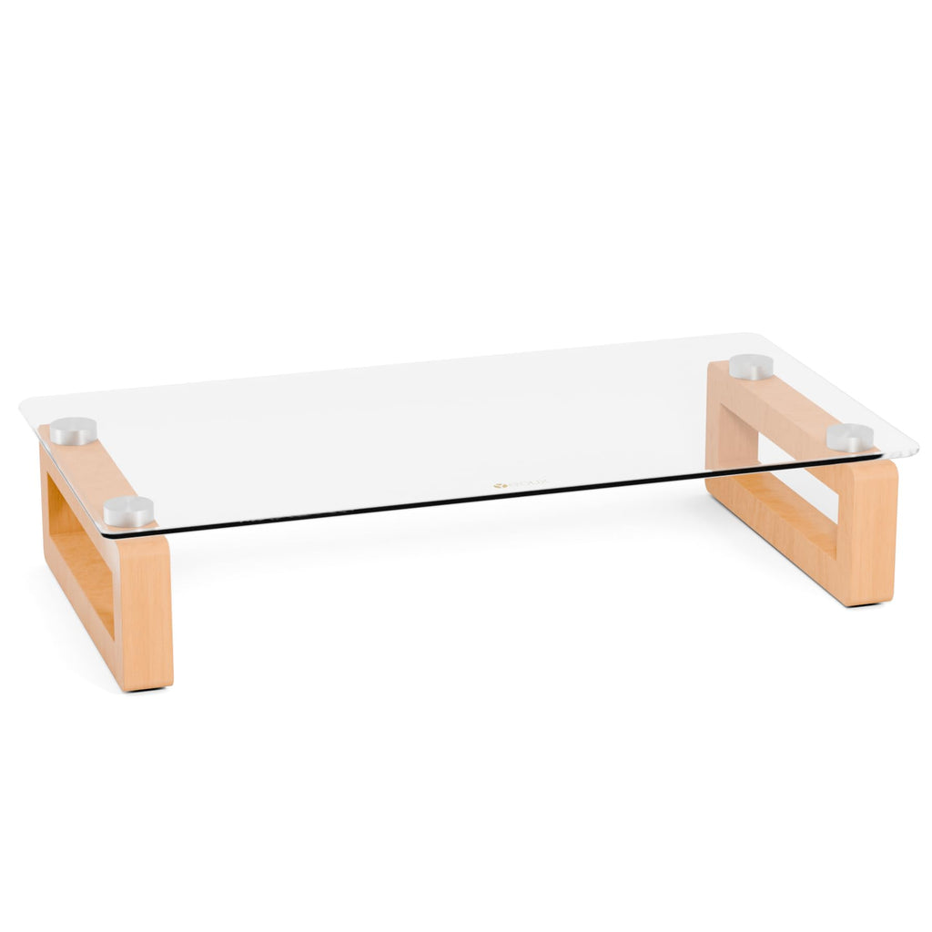 Clear Glass Computer Monitor Stand Riser with Wooden Base for Flat Screen LCD, LED TV, Laptop, Printer, Multi Media Desktop Stand, Office Supplies Desk Organization (Light&Clear)