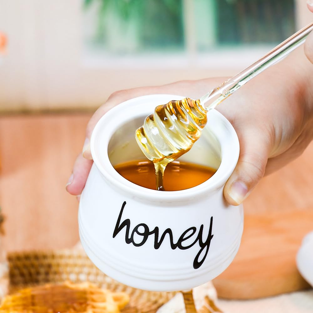 Swetwiny Ceramic Honey Pot with Dipper, 12oz Ceramic Honey Dispenser with Lid and Glass Honey Stick Porcelain Honey Container for Home Kitchen