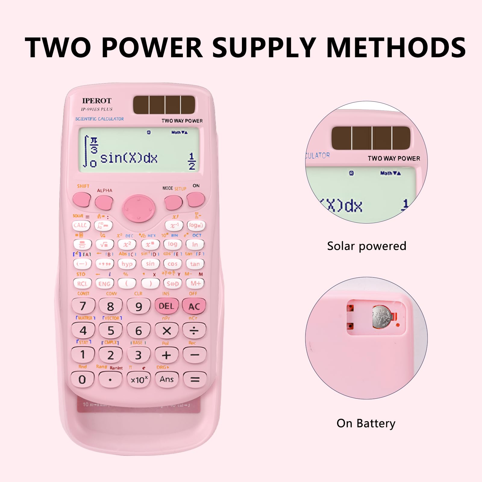 Scientific Calculators, IPEROT Solar Scientific Calculator Large Screen 417 Function, Calculators Very Suitable for High School and College Students Calculus Algebra and Other Math Textbooks (Pink)