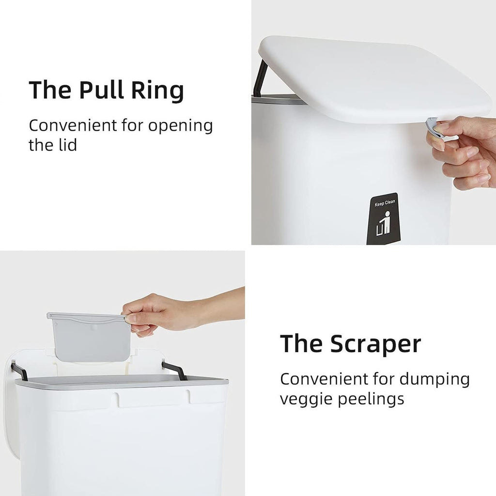 Hanging Trash Can with Lid for Under Sink or Cabinet Door, 2.4 Gallon Kitchen Compost Bin with Inner Bucket, Garbage Can for Cupboard/Bathroom/Bedroom/Office/Camping, Wall Mounted Indoor, White