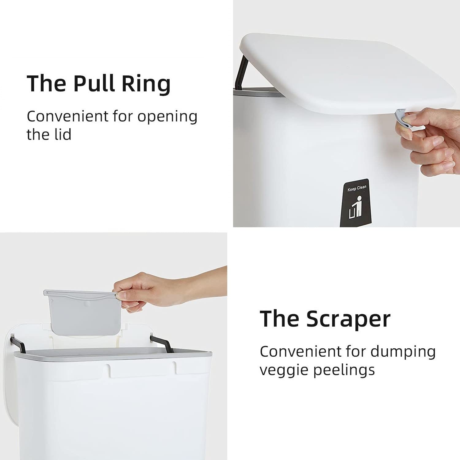Hanging Trash Can with Lid for Under Sink or Cabinet Door, 2.4 Gallon Kitchen Compost Bin with Inner Bucket, Garbage Can for Cupboard/Bathroom/Bedroom/Office/Camping, Wall Mounted Indoor, White