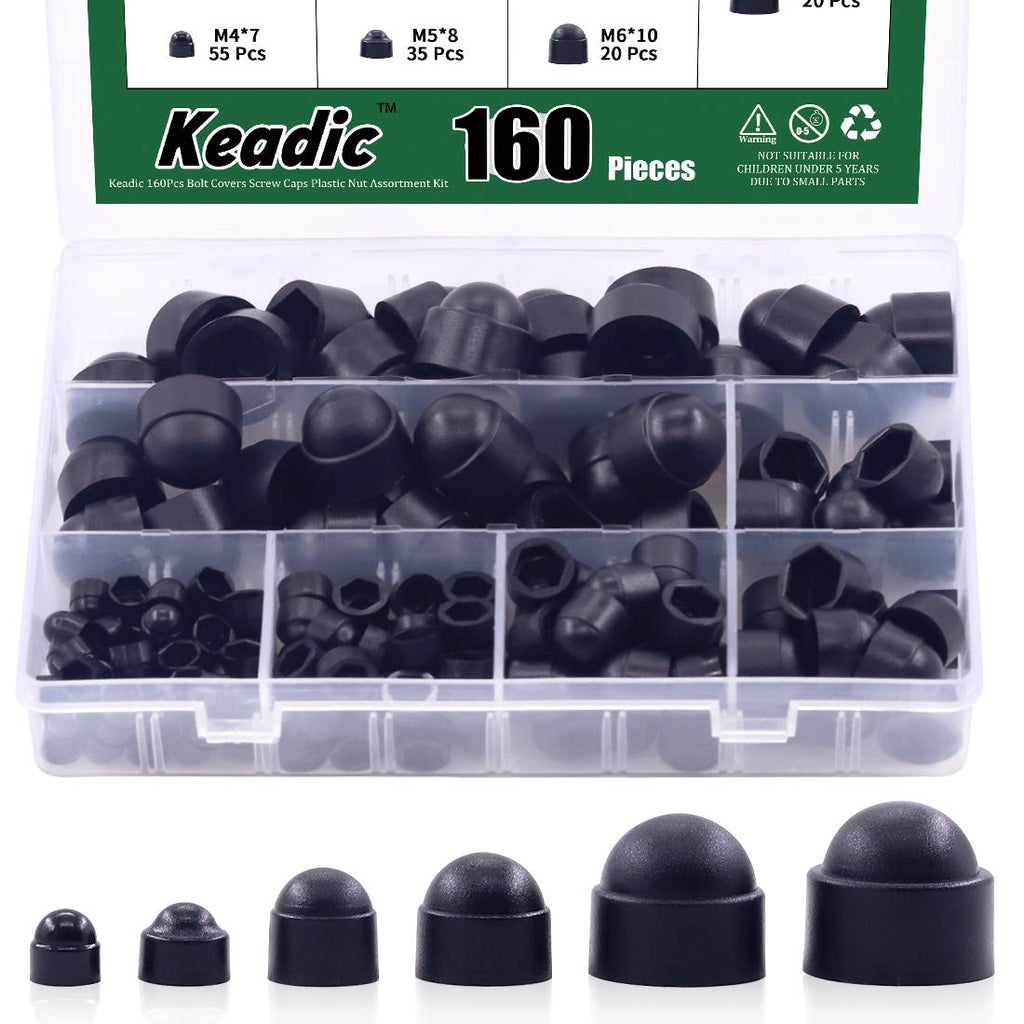 Keadic 160Pcs Bolt Covers Screw Caps Hex Head Black Plastic Dome Bolt Nut Protection Cap Covers, M4 M5 M6 M8 M10 M12