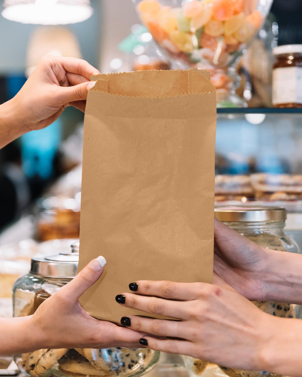 qiqee 100 Pcs Brown Treat Paper Bags with 100 Stickers 5.1"x3.1"x9.4" Kraft Small Party Gift Bag without Handle