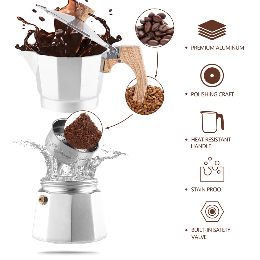 wedrink Stovetop Espresso Maker - Aluminum Moka Pot for 3 Cups - Cuban and Italian Coffee Maker for Authentic Moka Espresso