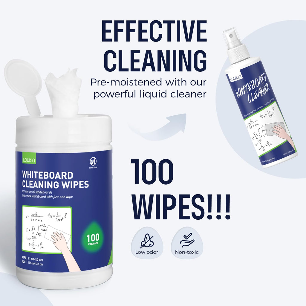loukin Whiteboard Cleaning Wipes, Dry Erase Board Cleaning Wipes, Non-Toxic Whiteboard Wipes, 100 Wipes per Canister