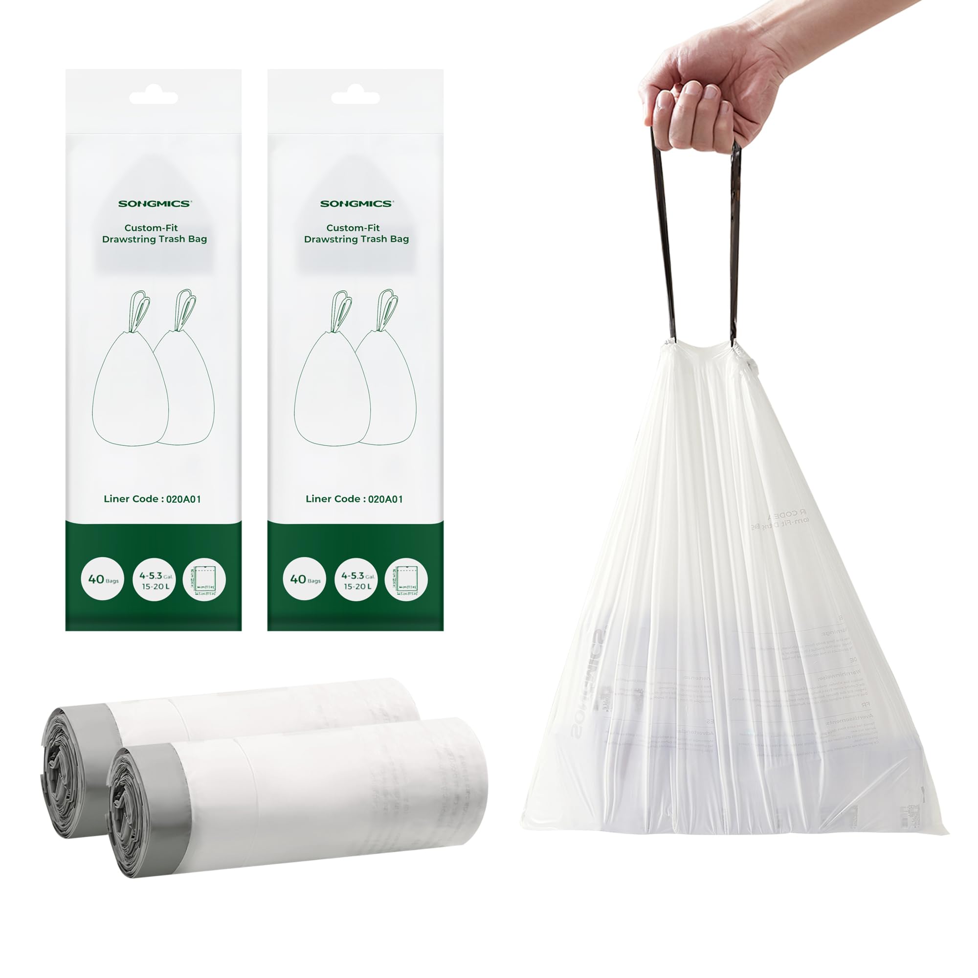 SONGMICS Trash Bags for 4-5.3 Gallon (15-20 L) Trash Cans, Drawstring Kitchen Garbage Bags, Pre-Separated, Liner Code 020A01, 2 Rolls, 80 Count, White UKRB020A02