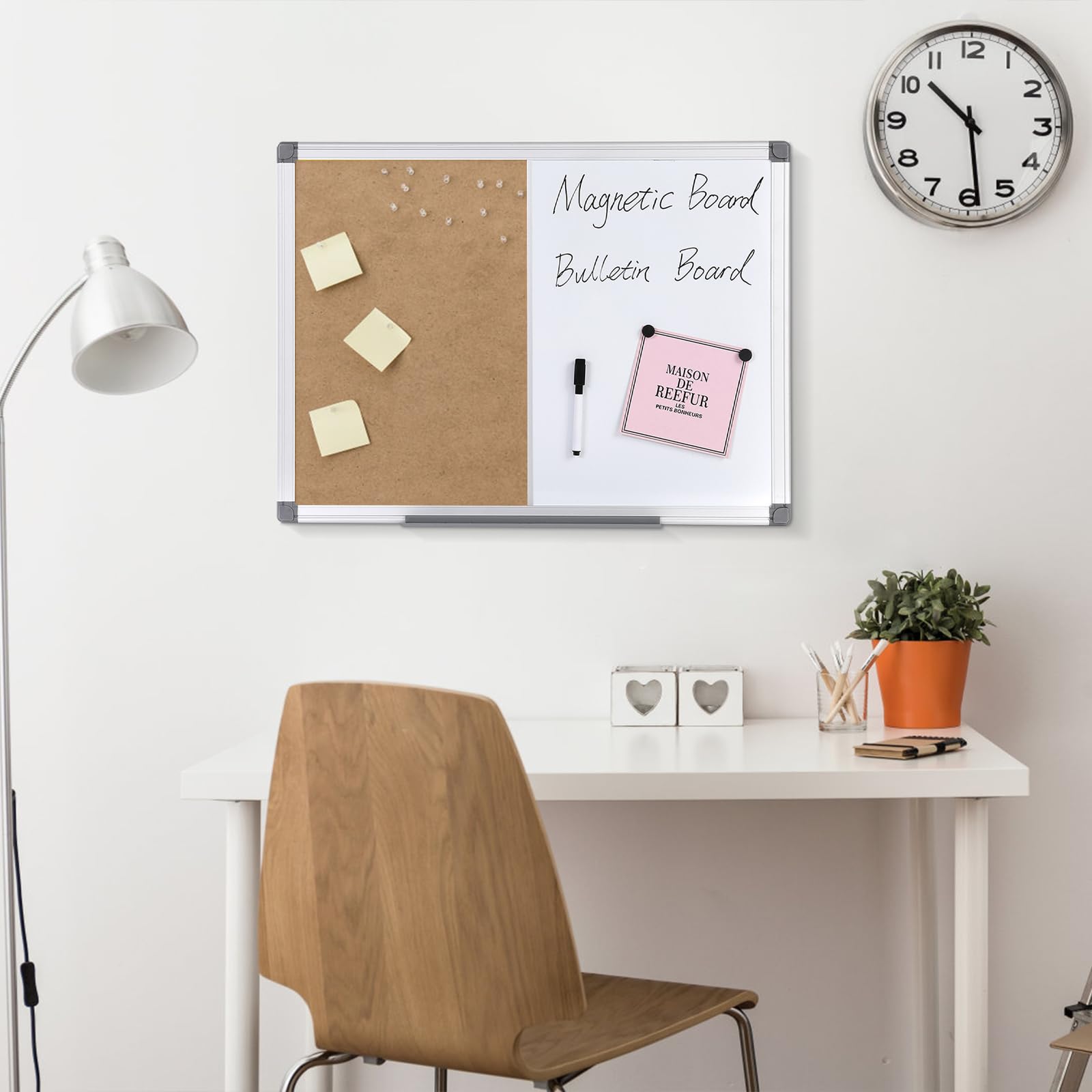 Cork Board and Dry Erase Board Combo Bulletin Board Combination Magnetic WhiteBoard Pin Notice Board for Home Office School with 4 Dry Erase Maker+6 Magnets+12 Pushpins, 24x18inches