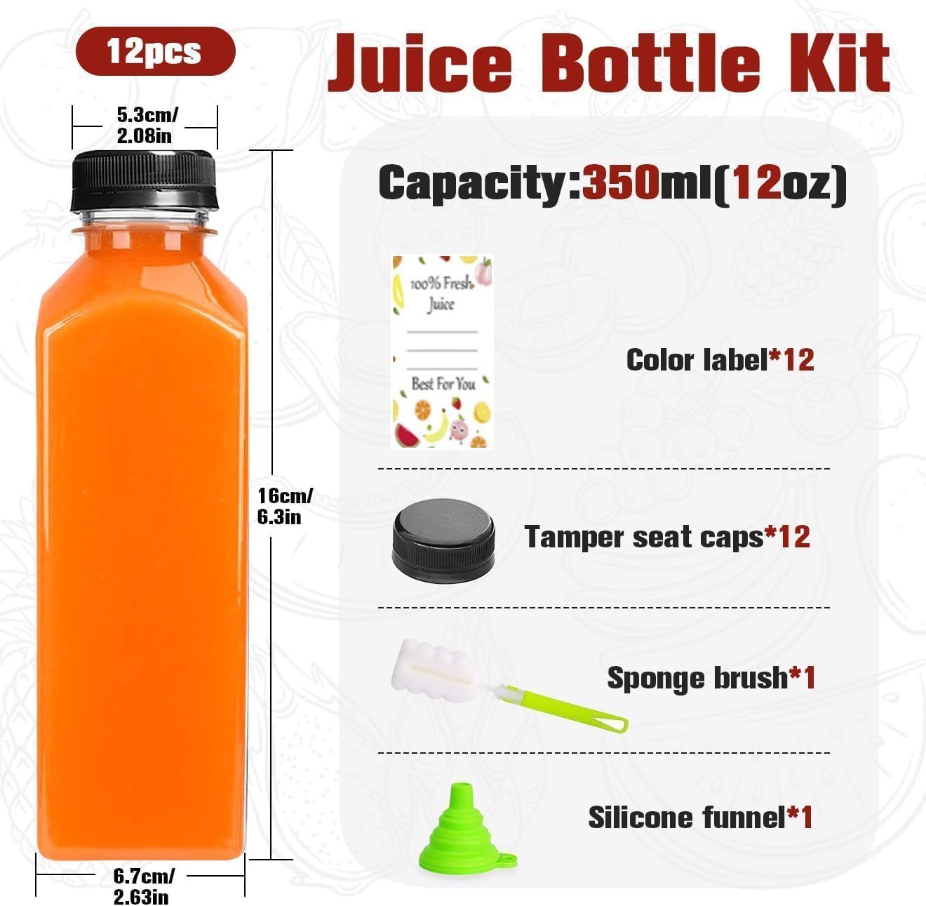 Plastic Juice Bottles with Caps 12 pcs, 12oz Reusable Juice Containers with Tamper Proof Lids Black, Clear Juice Bottles for Juicing, Milk, Smoothie, Drinking, and Other Beverages Christmas Gifts