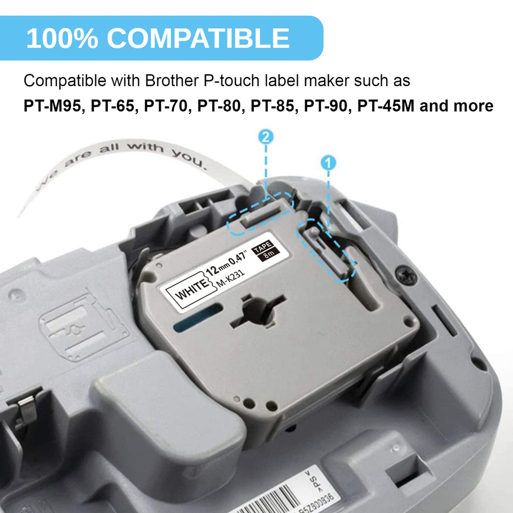 Ptouch M-K231 M-K231s Label Tape Compatible for Brother P-Touch M Tape 12mm 0.47 inch MK231 MK 231 Black on White for Brother Ptouch PT-M95 PT-70BM PT-65 PT-90 PT-70 PT-80 PT-85 Label Maker,5-Pack