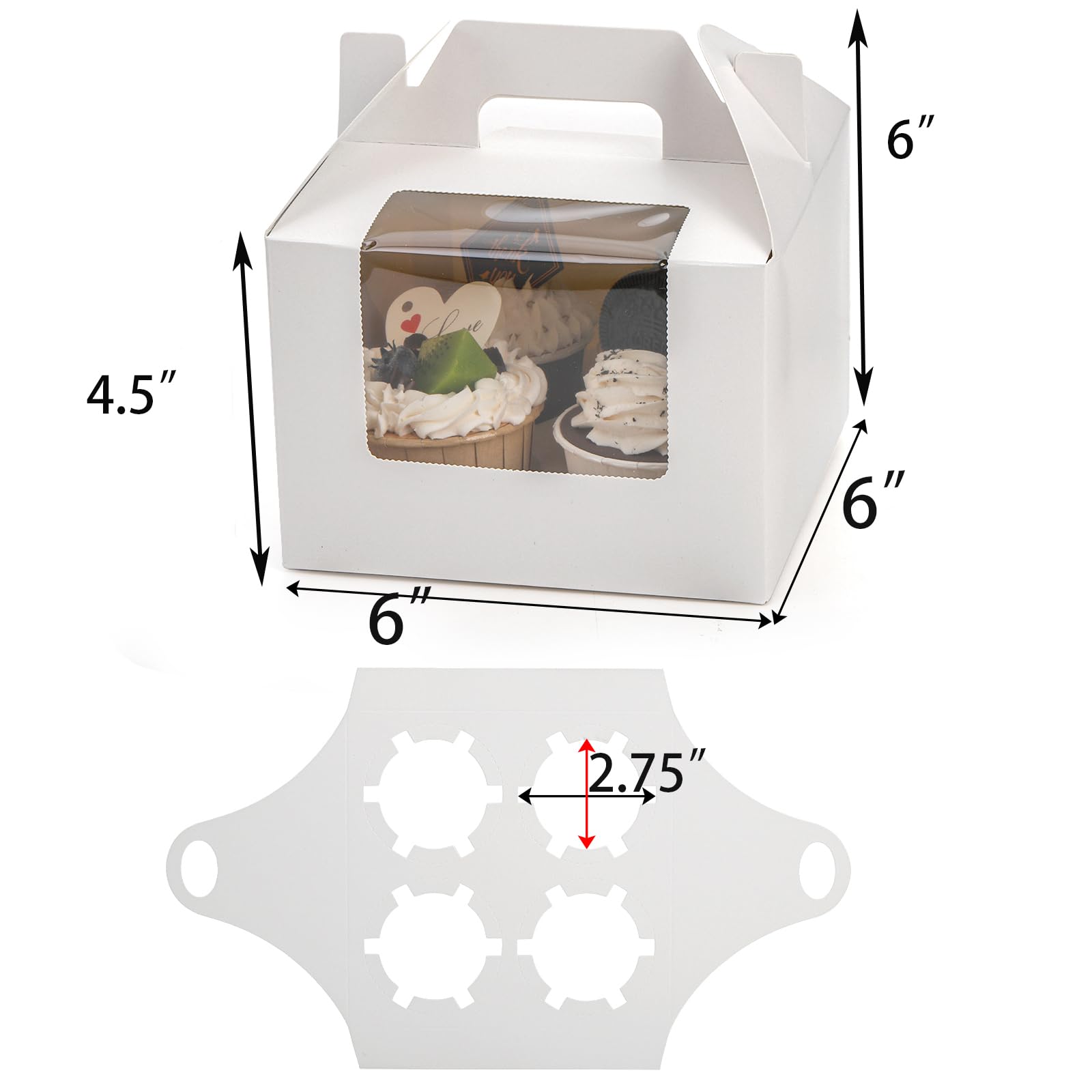 Jucoan 40 Pack Cupcake Containers, 4 Count White Kraft Paper Cupcake Boxes with Insert Window and Handle, Cupcake Holder Bakery Pastry Boxes, Gable Party Favor Treat Boxes for Wedding Birthday Party