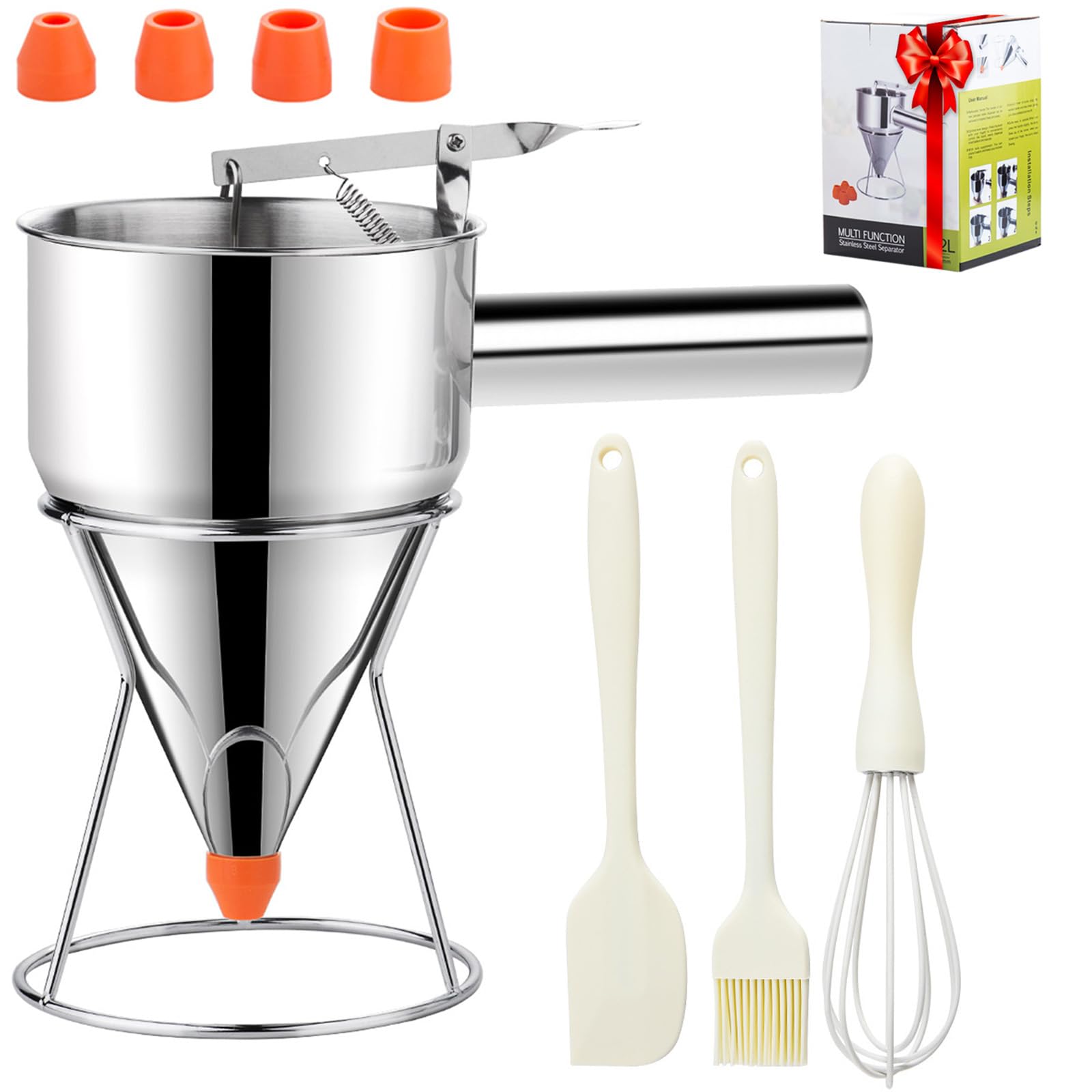 40oz Pancake Batter Dispenser, Stainless Steel Funnel Cake Dispenser with 4 Silicone Nozzles, Perfect for Pancakes, Cupcakes, and Funnel Cakes