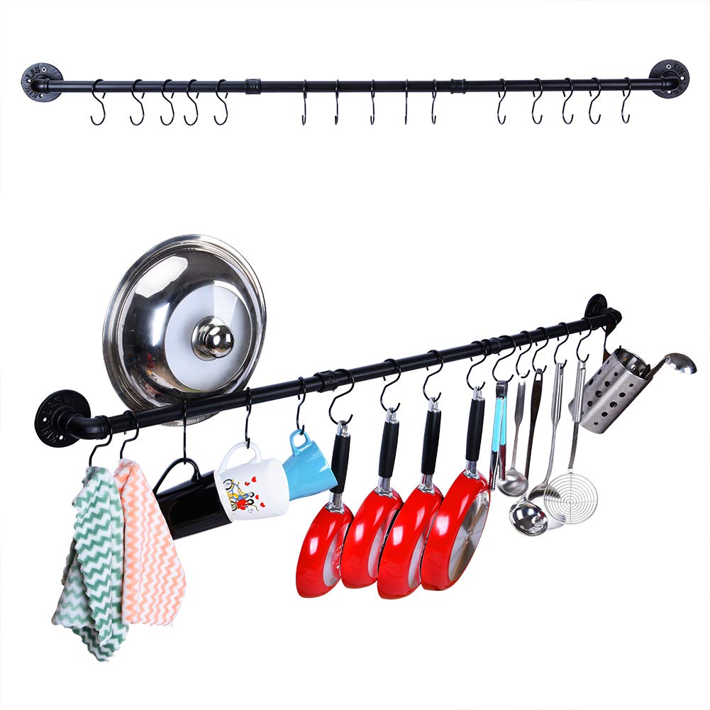 50.4 inch Hanging Pot Rack Wall Mounted Pot Pans Hanging Rail, Industrial Long Pot Pan Bar With 15 S Hooks, Black Hangers Kitchen Pot and Pan Hanging Rack