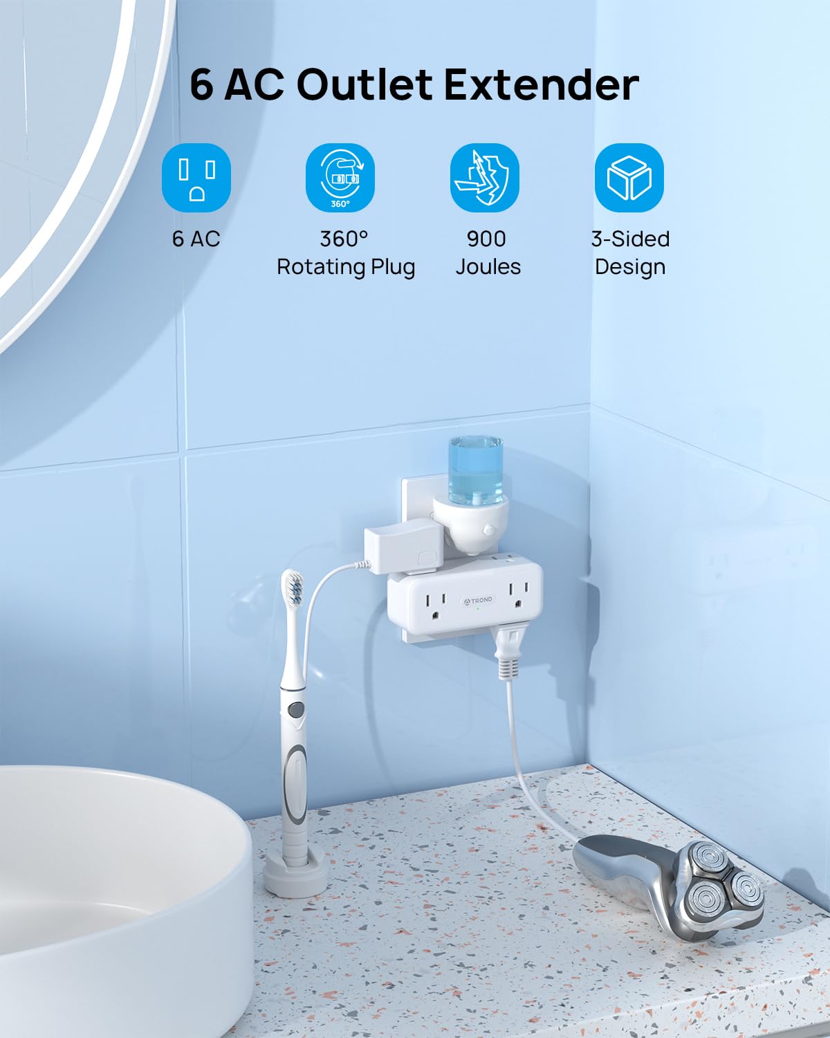 TROND Surge Protector Outlet Extender with 360° Rotating Plug, 2 Pack Flat Power Adapter Indoor, 6 Charging Station Ports, 3 Way Wall Splitters Expander for Home Office Dorm Bathroom Kitchen Travel