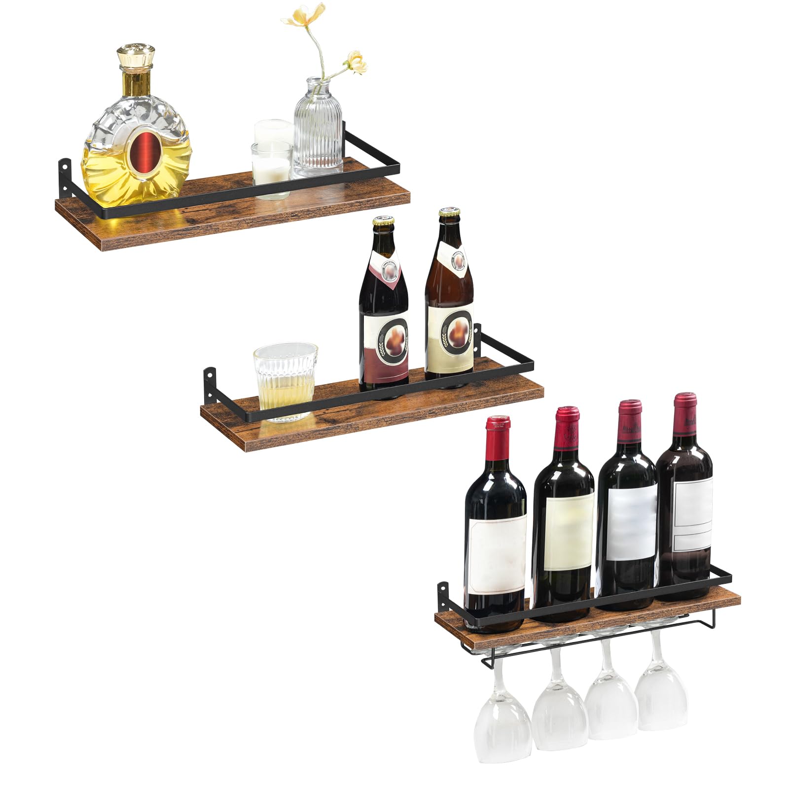 HOOBRO Wine Rack Wall Mounted 3 Pack, Wine Shelf Hanging Floating Wall Shelves, Wine Glass Bottle Rack Stemware Holder, for Living Room, Dining Room, Kitchen, Rustic Brown and Black BF34BJ01