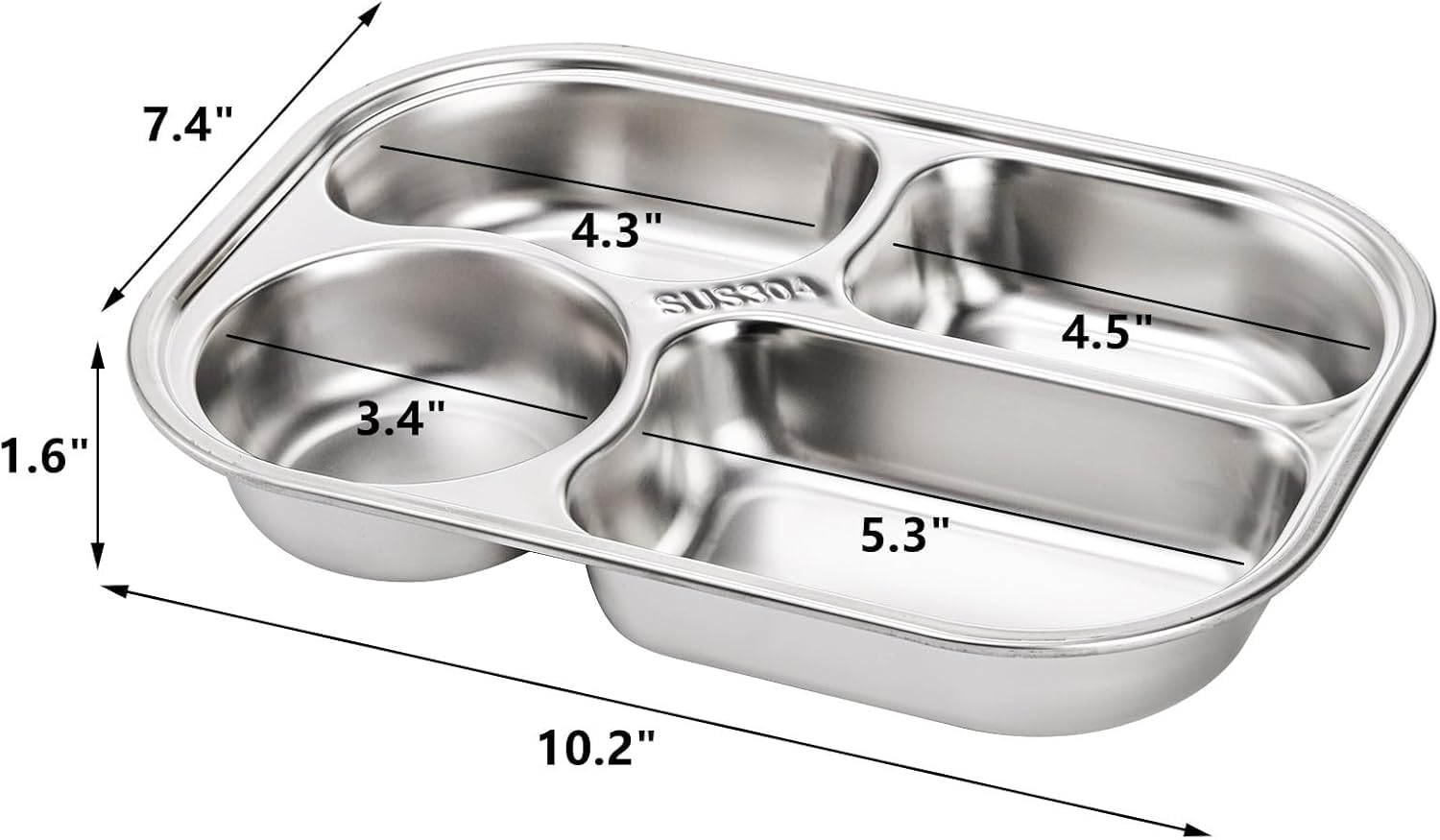 DEAYOU 4 Pack 18/10 Stainless Steel Divided Plate, Small Child Plate with 4-Compartment, Portion Control Serving Platter, Mess Food Sectioned Tray for Dinner, Lunch, Cafeteria, Kids, Adult
