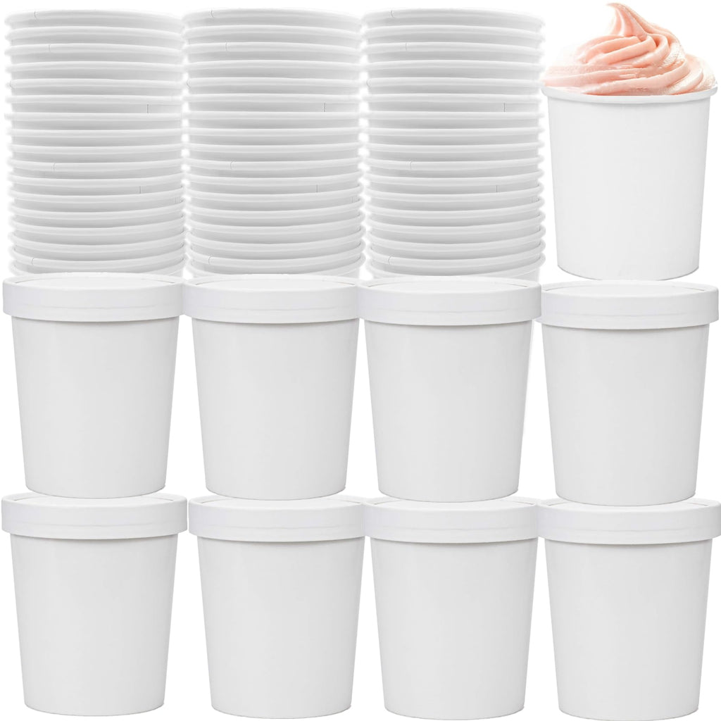 LyyGuanYoo 60 Pack Paper Ice Cream Containers with Lids, 16 Oz Take Out Hot Cold Dessert Bowl, Disposable To Go Soup Cups Food Containers for Christmas Thanksgiving Microwavable Safe, White
