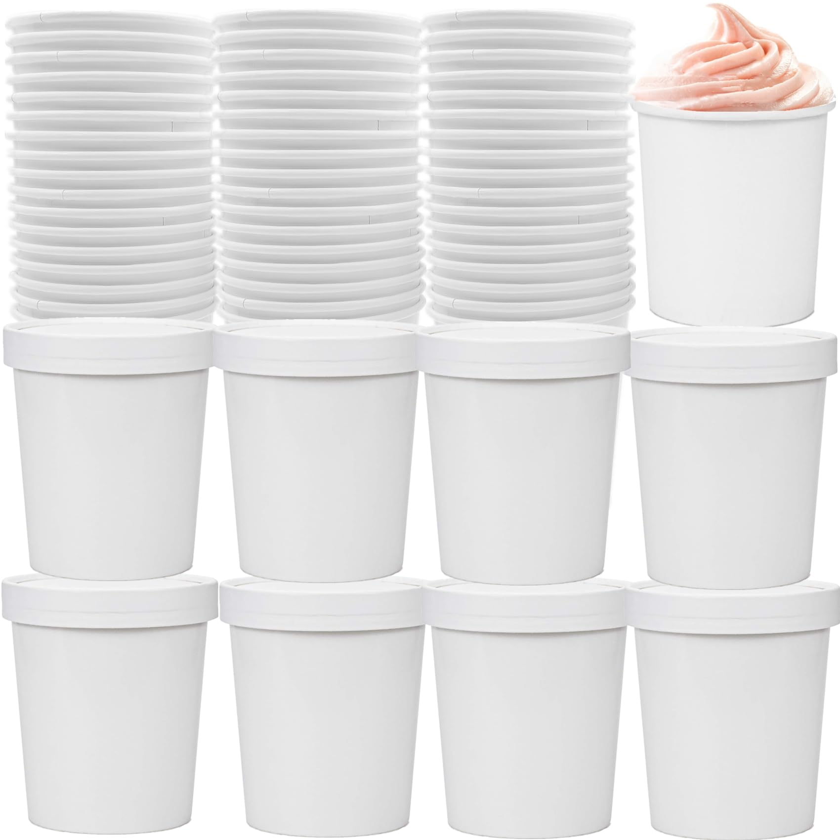 LyyGuanYoo 60 Pack Paper Ice Cream Containers with Lids, 16 Oz Take Out Hot Cold Dessert Bowl, Disposable To Go Soup Cups Food Containers for Christmas Thanksgiving Microwavable Safe, White