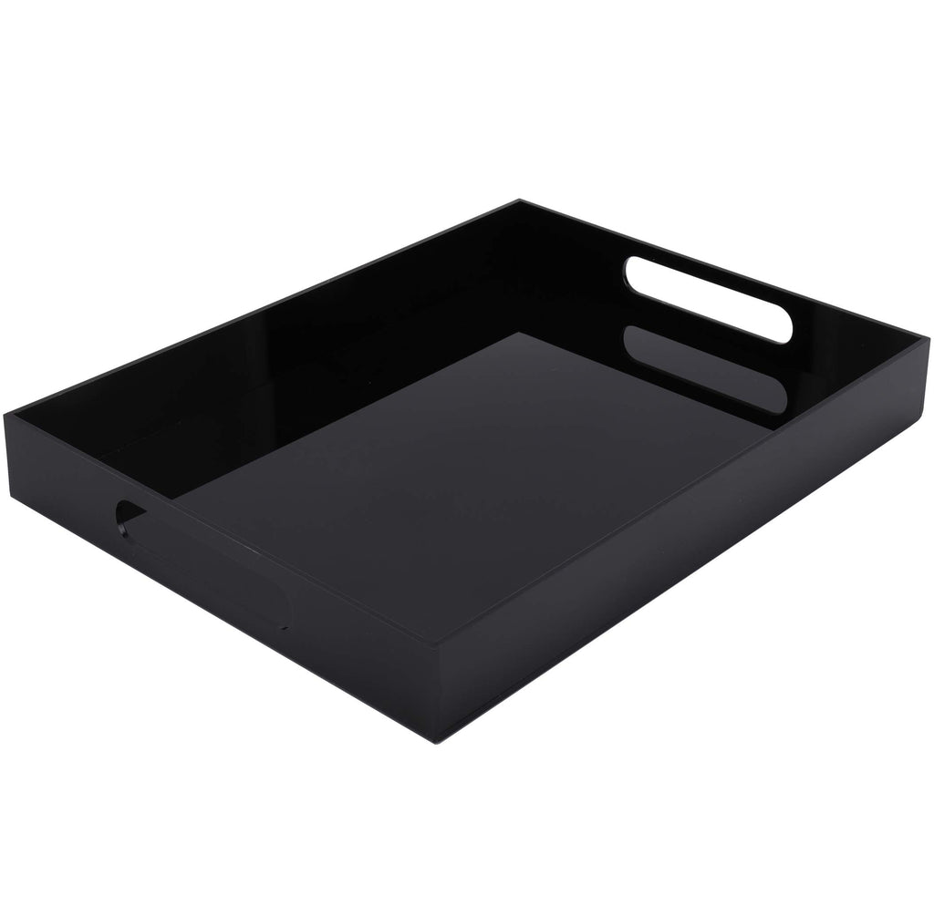 WUWEOT Acrylic Serving Tray, 16" x 12" Spill Proof Rectangle Tray with Handle for All Occasion's, Decorative Tray Organiser for Food, Tea, Breakfast, Ottoman or Coffee Table, Black