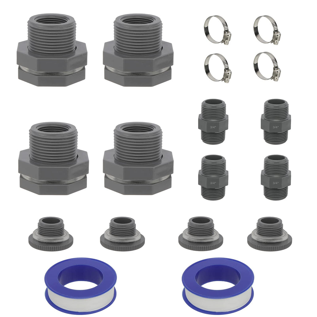 PVC Bulkhead Fittings Rain Barrel 3/4 Inch Female Thread With Stock Strap, Throat Clamp, 3/4 Dual Thread Male Fitting, Plug For Tanks, Swimming Pools, Aquariums