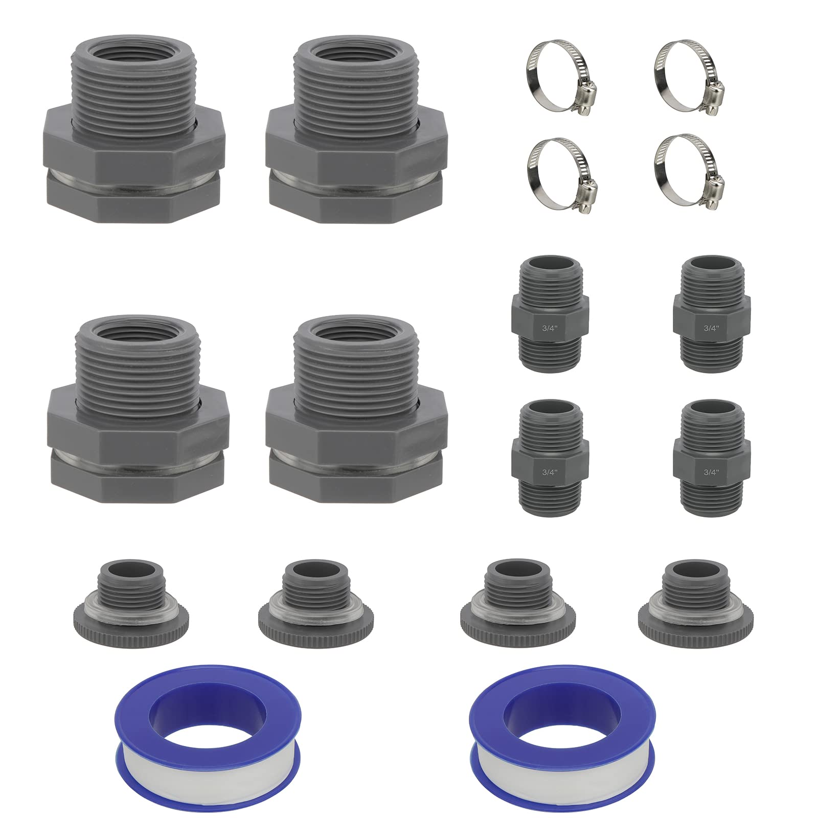 PVC Bulkhead Fittings Rain Barrel 3/4 Inch Female Thread With Stock Strap, Throat Clamp, 3/4 Dual Thread Male Fitting, Plug For Tanks, Swimming Pools, Aquariums