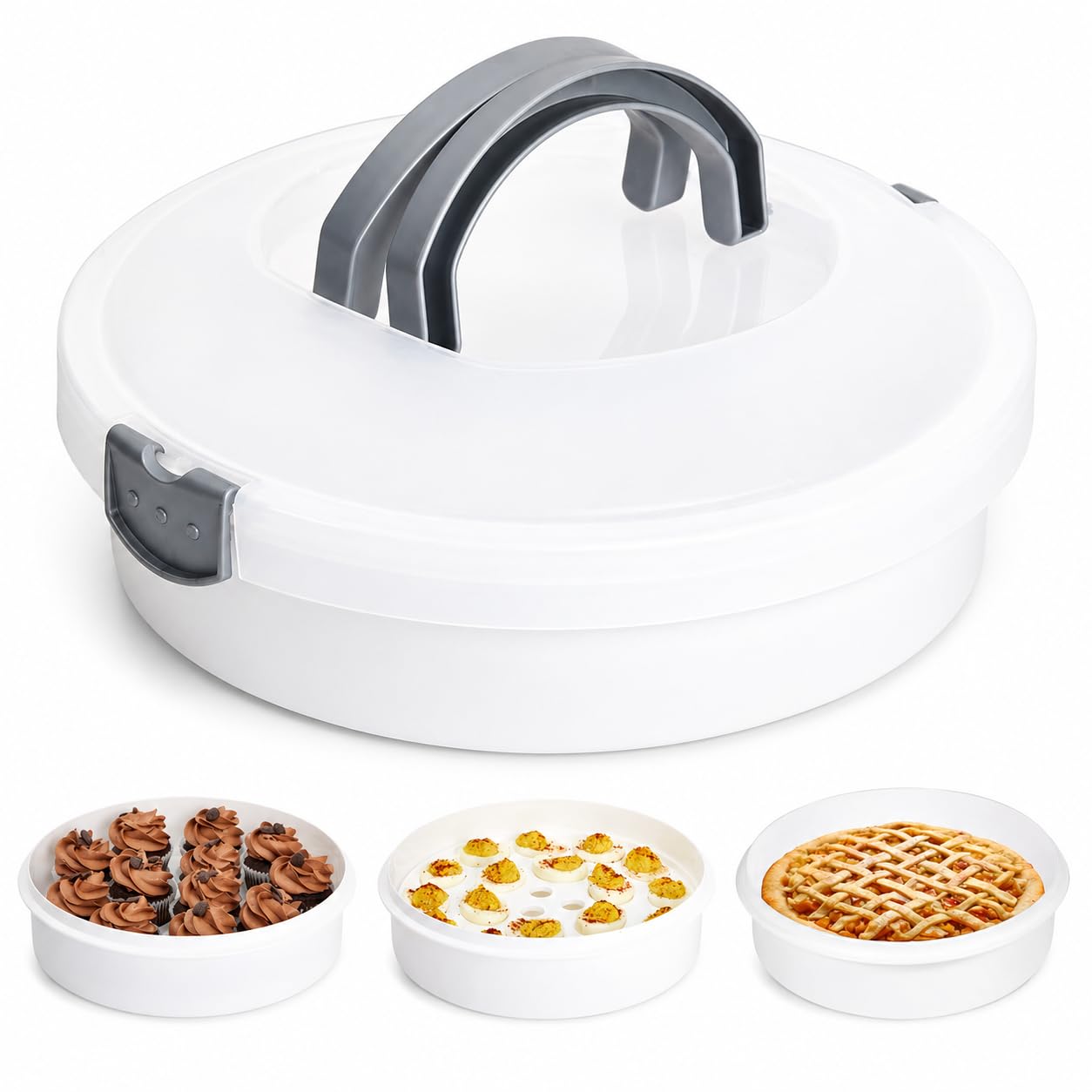 Xbopetda Round Cake Carrier 12 Inch Cupcake Holder Cake Stand with Lid and Handles 3-in-1 Cake Box Container BPA-Free Dessert Carrier for Cheesecake, Pie, Cupcakes Devil Eggs Cake (White, 12x4in)