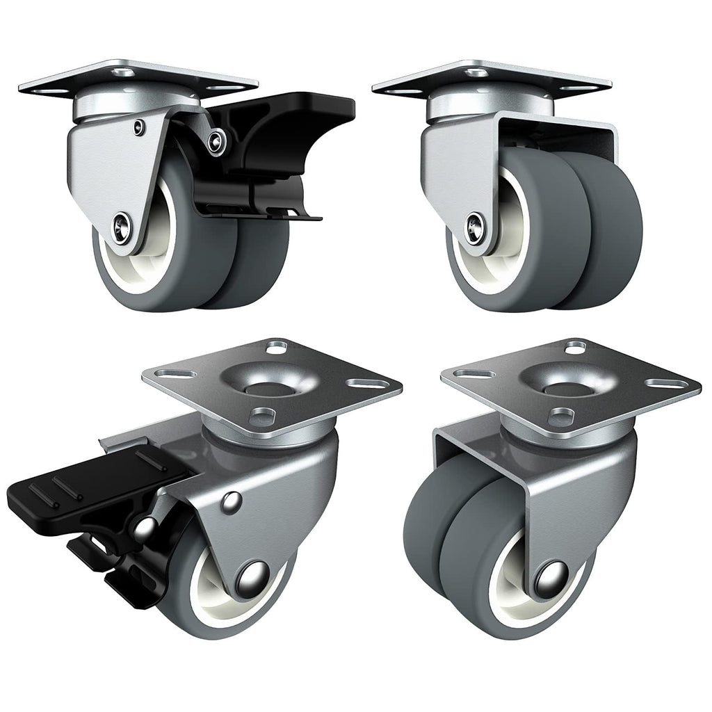 2 inch Caster Wheels Set of 4 - Heavy Duty Casters for Furniture - No Noise TPR Swivel Wheels - with Screws - Total Capacity 880 lbs (2 with Brakes)