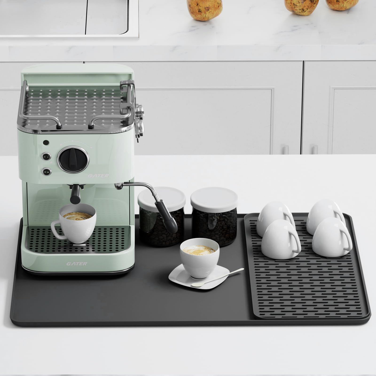 Silicone Coffee Mat,24''x16'' Coffee Bar Mat with Detachable Dish Drying Mat for Kitchen Countertops,Coffee Bar Accessories Fit Under Coffee Maker Coffee Machine Dish Rack (Black)