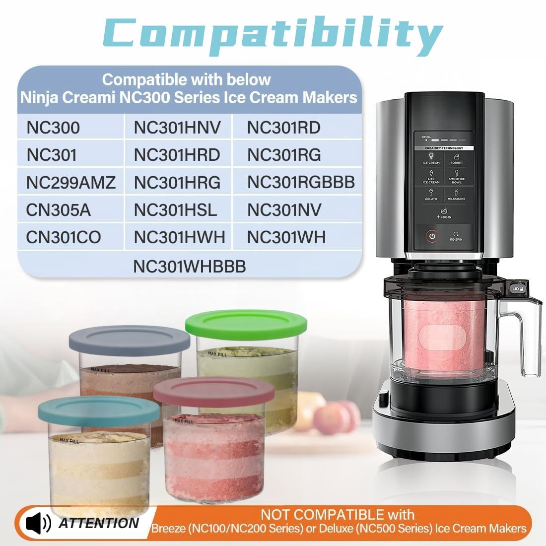 4 Pack Ice Cream Pints and Lids Compatible with Ninja NC300 NC301 NC299AMZ Series Creami Ice Cream Makers,BPA-Free,Dishwasher Safe,Color Lids,(16oz Cups) (NC301 Series 4)