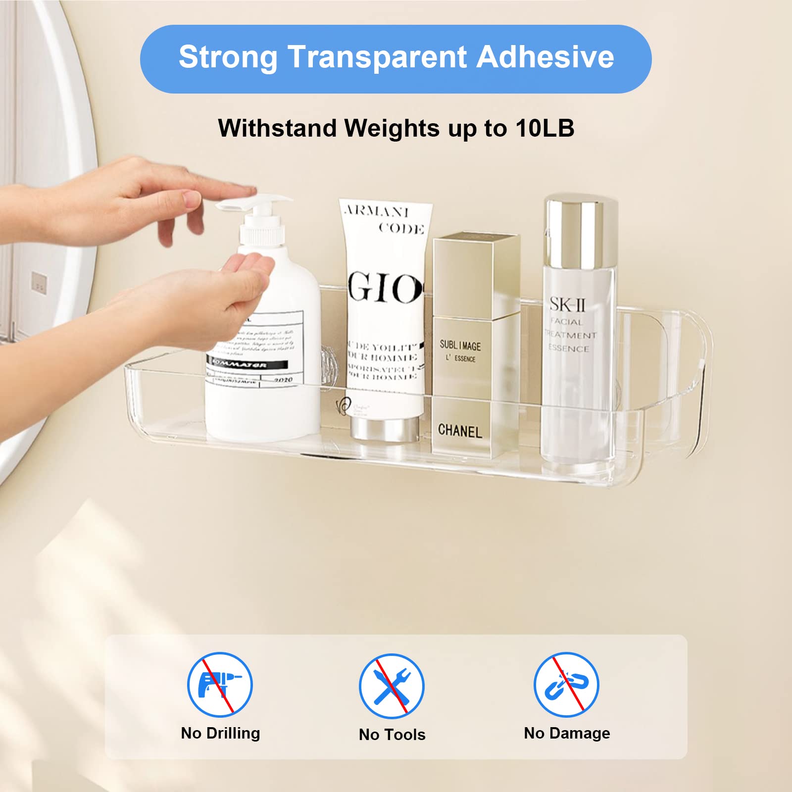 Diesisa 2pc Plastic Wall Mount Organizer, Adhesive Shelf, Bathroom Shelves for Wall, Acrylic Adhesive Organizer, No Drilling Hang Walls, Stick on Shelf, for Bathroom, Kitchen, Living Room
