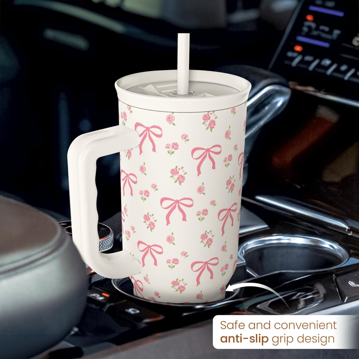 Bow Tumbler with Handle 40oz, Stainless Steel Insulated Tumblers Coffee Travel Cup with Slider Straw Lid, Gifts for Women Teen Girls Birthday