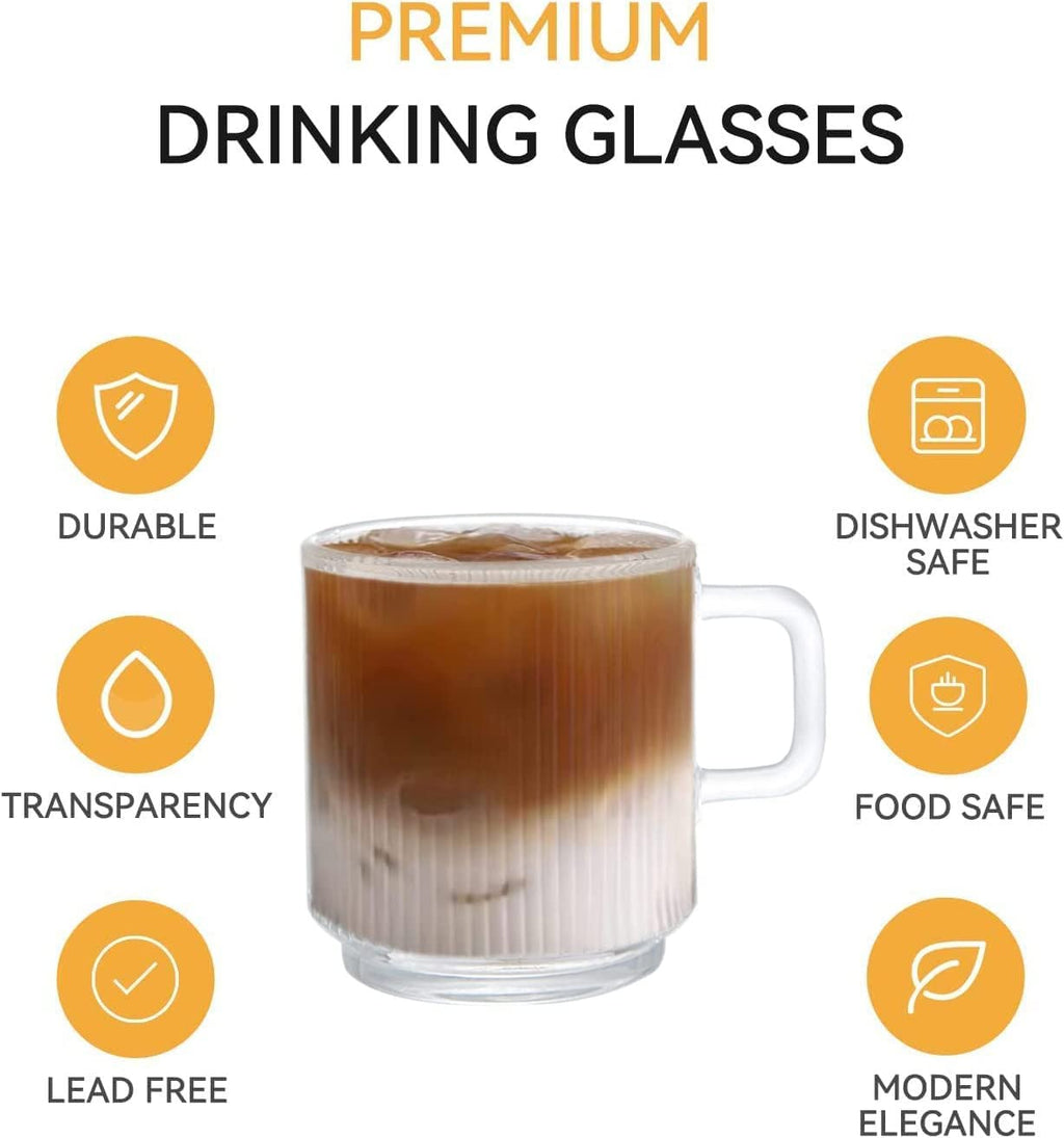 D.M DESIGN·MASTER [6 Pack, 12 OZ] - Premium Glass Coffee Mugs with Handle, Classic Vertical Stripes Tea Cup,Transparent Tea Glasses for Hot/Cold Beverages.