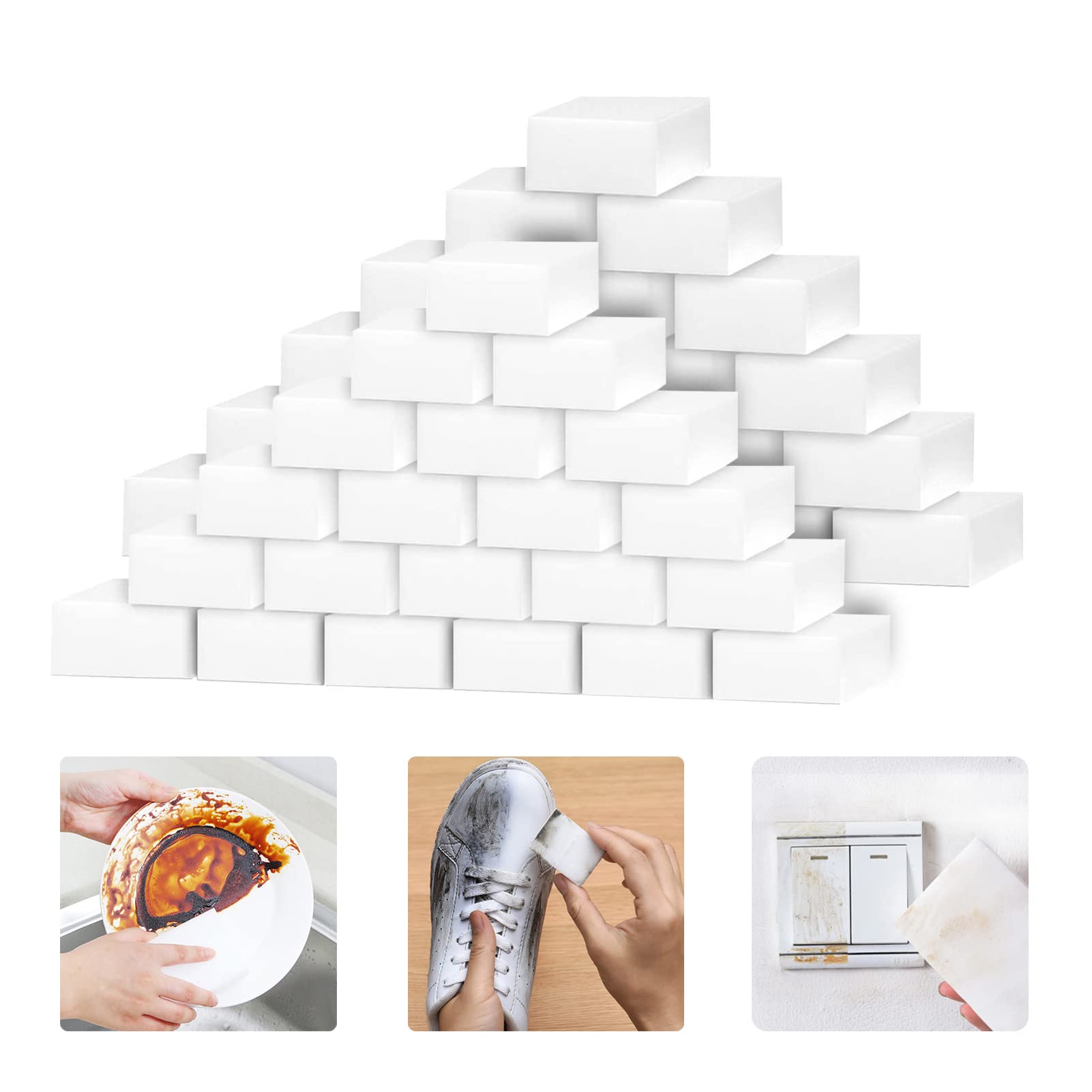 Magic Sponges Eraser for Cleaning, 100 Pack Reusable Melamine Sponge Scrubber Foam Cleaning Pads for Kitchen Dishes, Bathtub, Baseboard, Shoes Cleaner, Durable & Not Easily Rip