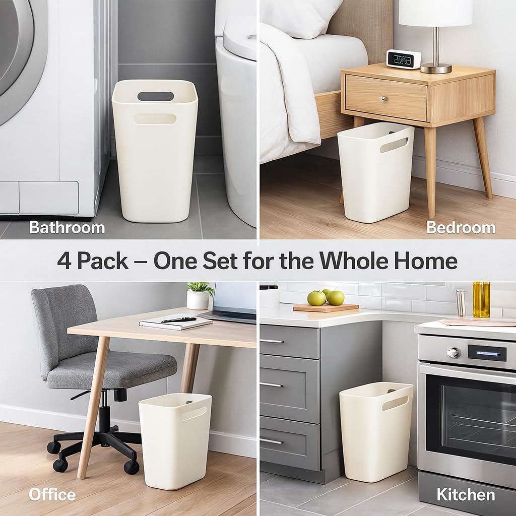 Trash Can with Handle 4 Pack, 1.5 Gallon Slim Garbage Bin for Small Spaces, Rectangular Plastic Wastebasket for Bathroom, Bedroom, Office, Under Sink, Ivory
