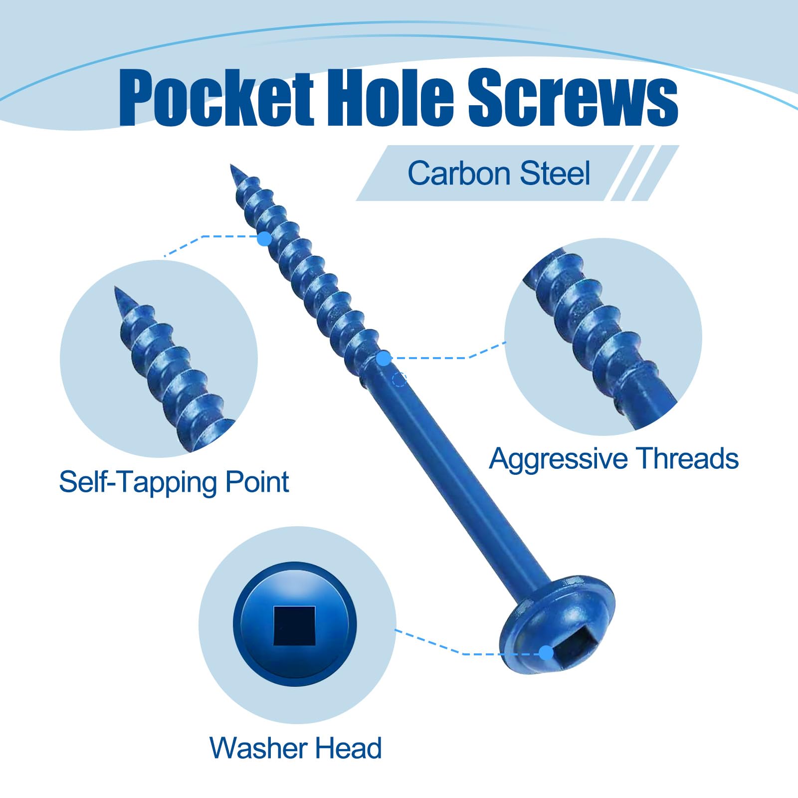ANCHOREASE Pocket Hole Screws #8×1″, 300 PCS Exterior Pocket Screw, Coarse Thread, Square Drive, Washer Head, Blue Coated Wood Screws, 100mm Drive Bit Included