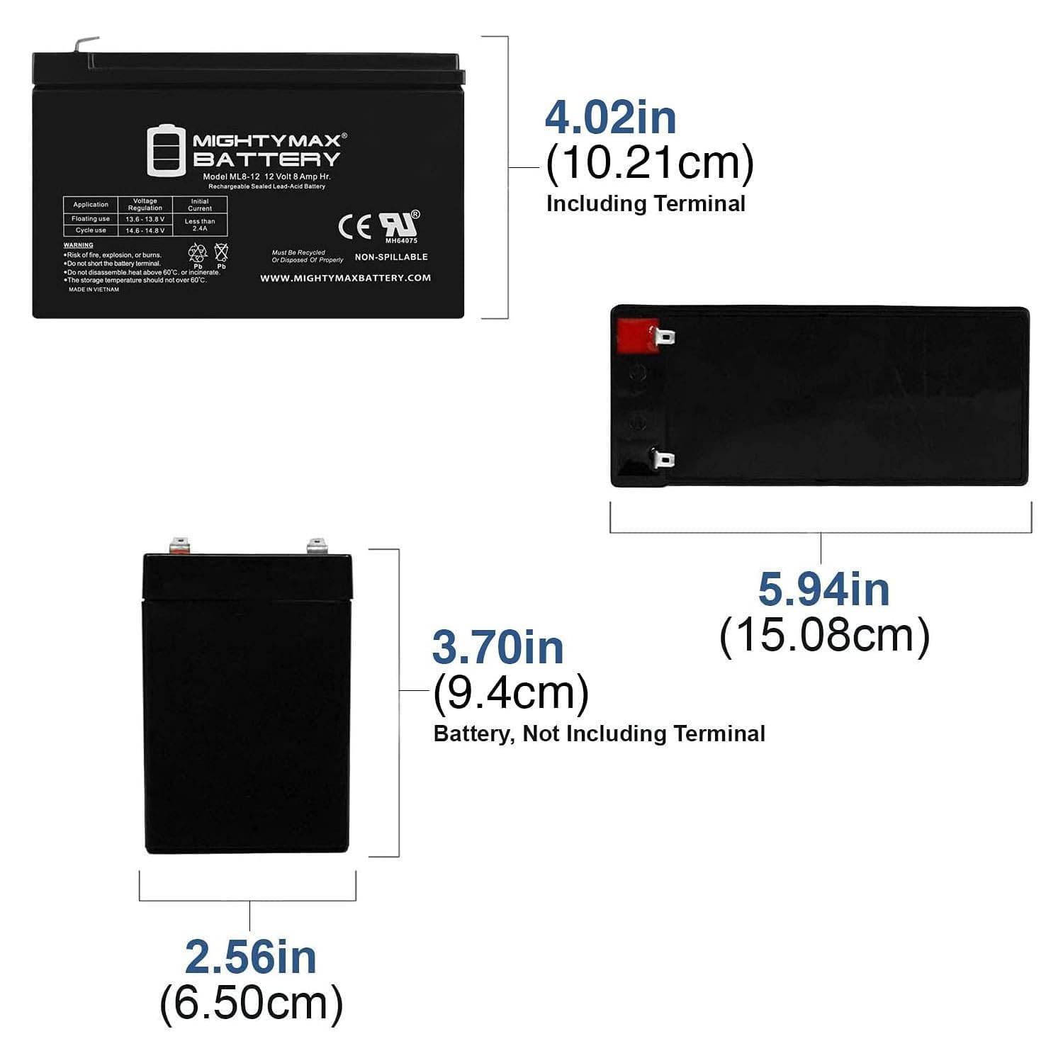ML8-12 - 12 Volt 8 AH SLA Battery - Mighty Max Battery Brand Product